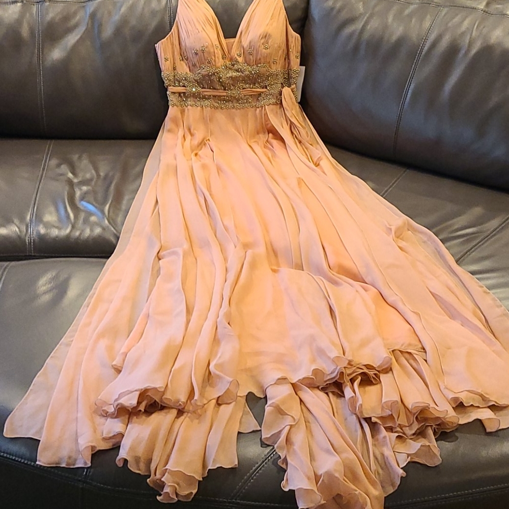 Romantic soft pink beaded Grecian style maxi dress